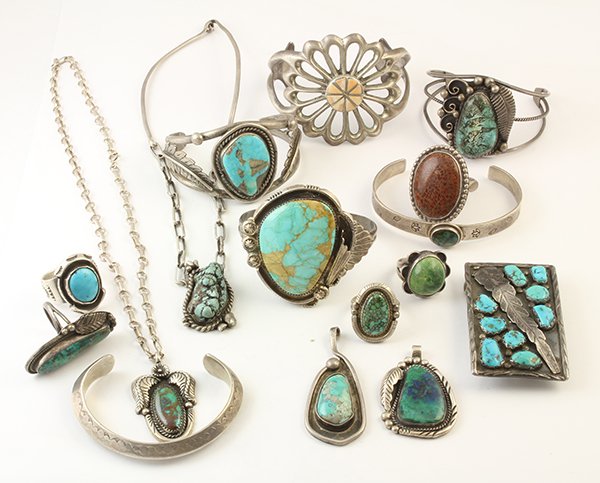 Collection of Native American turquoise and silver: Collection of Native American turquoise and silver jewelry including four turquoise and silver bangles, one signed Thunder Belt, one marked GG; a pink shell and silver sand cast bangle signed EUUA; a 