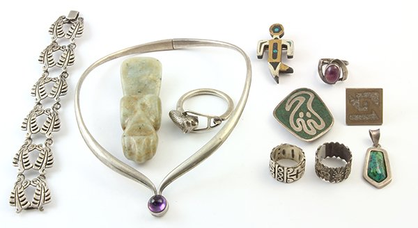 Collection of gemstone and sterling jewelry: Collection of gemstone and sterling jewelry including a Taxco amethyst and sterling choker necklace, signed Sigi, 019, eagle 96; a Taxco Mexican sterling silver bracelet signed AAR, 38, eagle 3; a Tax