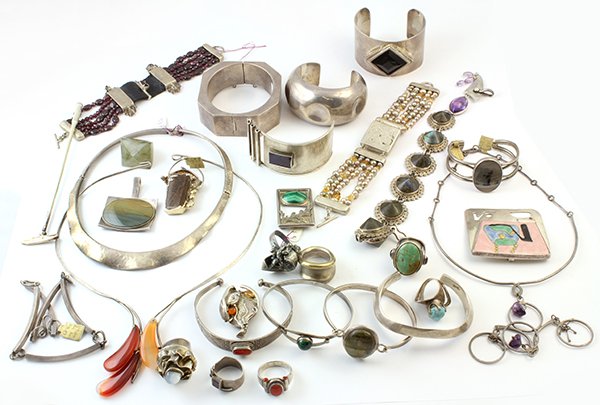 Collection of gem, sterling silver Mid Century and: Collection of gem, sterling silver Mid Century and modern jewelry including eight bangle bracelets, some set with various gemstones including black onyx, labradorite, lapis lazuli, garnet, citrine and