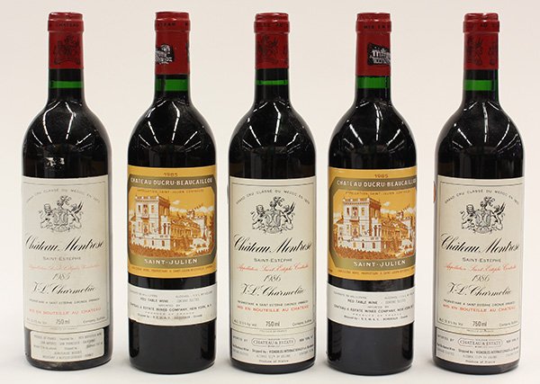 French wine group: (lot of 5) French wine group consisting of (2) 1986 and (1) 1985 Chateau Montrose, Saint-Estephe, France, and (2) 1985 Chateau Ducru-Beaucaillou, Saint-Julien, France, each 750ml