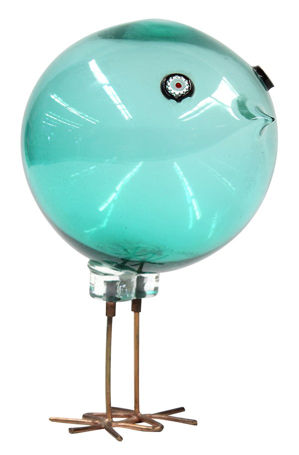 Murano glass 'Pulcini' bird by Alessandro Pianon for: Murano glass 'Pulcini' bird by Alessandro Pianon for Vistosi, circa 1963, executed in blown teal glass with round murrini eyes and rising on copper wire legs, retaining foil label, 'Made in Italy, Mur
