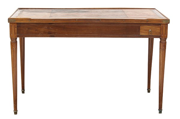 Louis XVI tric-trac table: Louis XVI tric-trac table, circa 1800, having an inset leather top, the underside covered with green felt, above an ebony and ivory backgammon playing surface, the apron having a single drawer on each