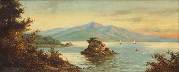 Paintings by A.D.M. Cooper: (lot of 2) Astley David Middleton (A.D.M.) Cooper (American, 1856-1924), Mountain Lake Boating Scenes with Figures, oils on canvas, each signed lower left, canvas: 15"h x 36"w/ 15.25"h x 36.25"w, over