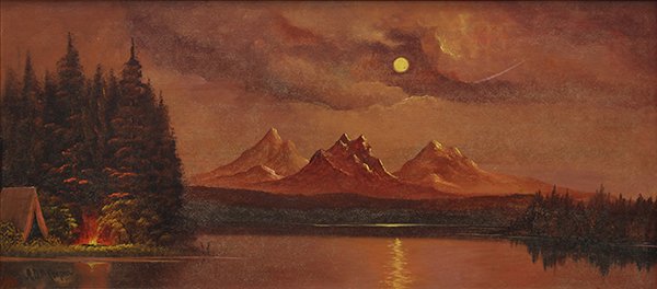 Painting by A.D.M. Cooper: Astley David Middleton (A.D.M.) Cooper (American, 1856-1924), Moonlight Landscape, oil on masonite, signed lower left, board: 16"h x 36"w, overall (with frame): 19.5"h x 39.5"w