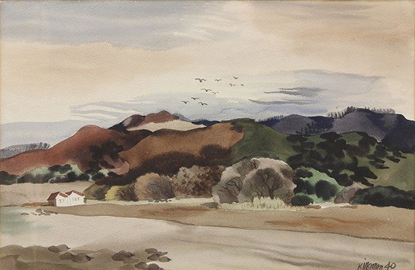 Watercolor, Dong Kingman, Bolinas, 1940: Dong Kingman (American, 1911-2000), Bolinas, 1940, watercolor, signed and dated lower right, sight: 14.5"h x 22"w, overall (with frame): 28"h x 35.5"w