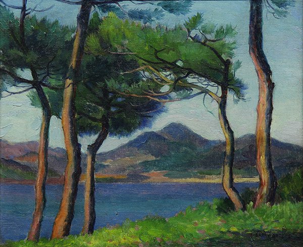 Painting, J. Barry Greene: J. Barry Greene (American, 1895-1966), Mountain and Lake Vista Through the Trees, 1921, oil on masonite, signed and dated lower right, board: 15"h x 18"w, overall (with frame): 21.5"h x 24.75"w
