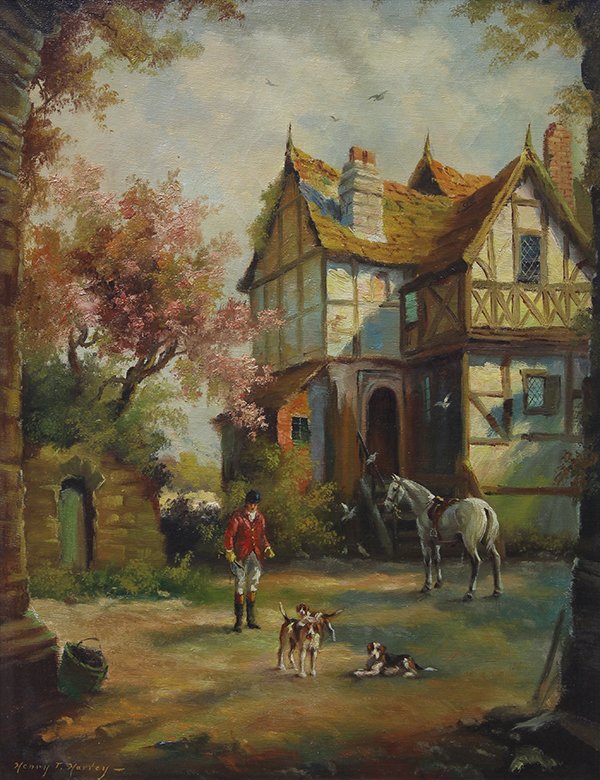 Painting, Henry T. Harvey: Henry T. Harvey (American, 20th century), To the Hunt, oil on canvas, signed lower left, canvas: 26"h x 20"w, overall (with frame): 32.5"h x 26.5"w