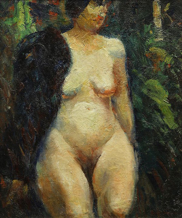Painting, George Benjamin Luks: George Benjamin Luks (American, 1867-1933), "Nude," oil on canvas, signed lower right, title placard lower center, canvas: 24"h x 20"w, overall (with frame): 30.5"h x 27"w