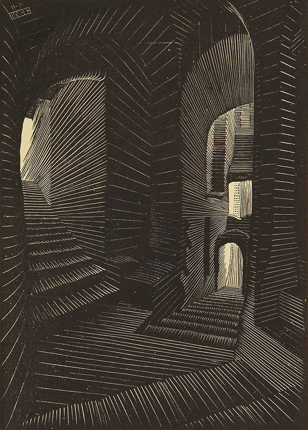 Print, M.C. Escher: M.C. Escher (Dutch, 1898-1972), Cover for "Gravesande de Graphicus M.C. Escher," by J.L. Beijers, 1966, depicting "Covered Alley in Altrani," wood engraving , plate signed and dated upper right, image