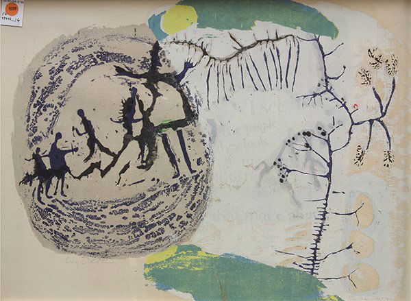 Print, Sister Mary Corita: Sister Mary Corita (American, 1918-1986), "Curer of the Blind Man," 1957, woodcut in colots, pencil signed lower right, titled lower left, sight: 17.5"h x 23"w, overall: 20"h x 26.5"w