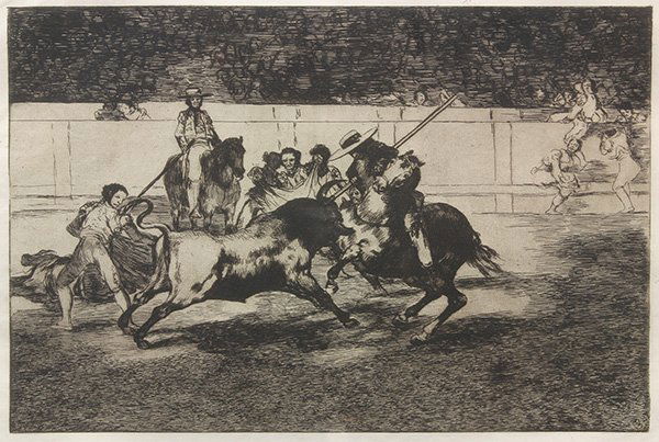 Prints, Francisco de Goya, La Tauromaquia: (lot of 3) Francisco de Goya (Spanish, 1746-1828), "The Forceful Rendón Stabs a Bull with the Pike, From Which Pass he Died in the Ring at Madrid," "Pepe Illo Making the Pass of the 'Recorte,'" and "