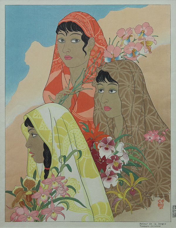 Print, Paul Jacoulet, Retour de la Jungle Tondano:: Paul Jacoulet (French 1902-1960), ''Retour de la Jungle Tondano: Celebes,'' 1948, color woodblock print, pencil signed with Sparrow seal lower right, right margin with carver Maeda and printer Honda, 