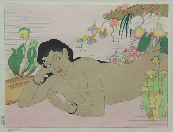 Print, Paul Jacoulet: Paul Jacoulet (French 1902-1960), ''Dans La Nature Angur,'' 1949, color woodblock print, pencil signed with owl seal lower right, from an edition of 350, left margin with carver Maeda and printer Ogaw