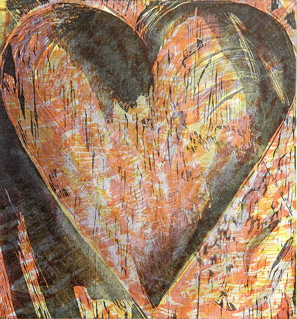 Print, Jim Dine: Jim Dine (American, b. 1935), "The Heart of BAM," 1996, color woodcut and collotype, signed and dated in pencil lower left/center, edition 31/100, sheet (unframed): 26"h x 19.5"w. Provenance: Barclay