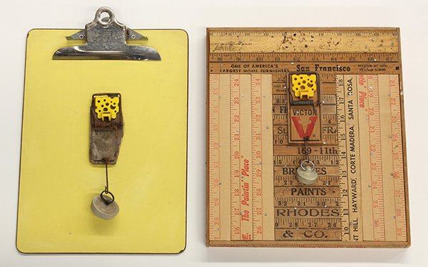 Sculpture, Jose Ramon Lerma, Mouse Traps: (lot of 2) Jose Ramon Lerma (American, b. 1930), Mouse Traps, 1991, mixed media sculpture, one signed and dated, overalls: 13.25"h x 9"w x 2"d/12"h x 10.5"w x 2.5"d. Provenance: From the estate of Jos