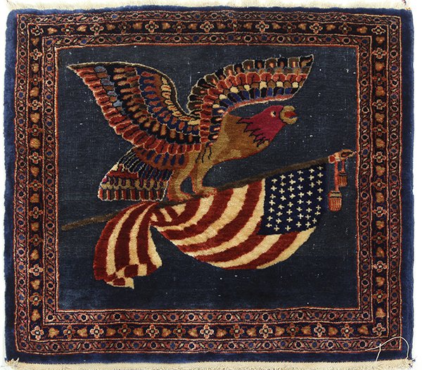 Persian Kashan pictorial carpet: Persian Kashan pictorial carpet, circa 1930, depicting an American bald eagle and flag, 22" x 20"