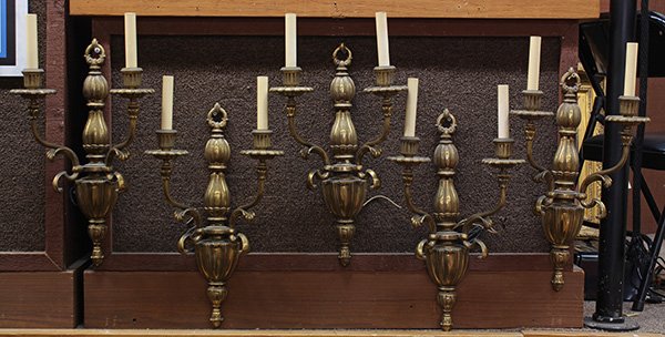 (lot of 5) Dining room sconces: (lot of 5) Dining room sconces, each two light fixture having a baluster form mount, 20"h x 12"w Provenance: Property from the Estate of N. Lee. B. Herbst-Gruhn, San Francisco, CA (Fixtures removed fr