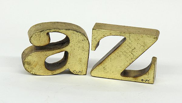 Curtis Jere A-Z bookends: Curtis Jere A-Z bookends, executed in 1971, each gilt metal letter signed C. Jere and dated '71, 4.5"h x 6"w