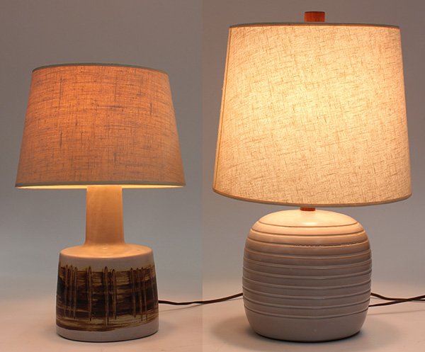 Mid century modern lamps by Martz: (lot of 2) Mid Century Modern lamps by Martz, consisting of a ceramic beehive form in grey glaze, and a bottle form with grey and brown glaze, tallest: 18.5"h