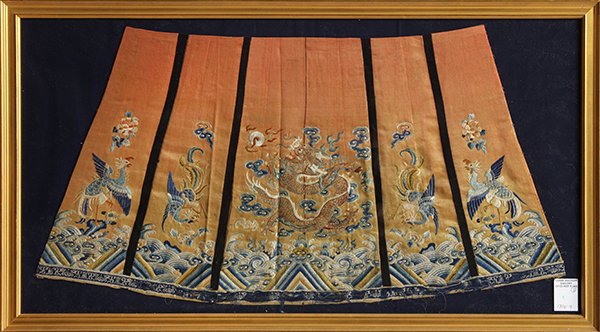 Chinese Silk Fragments, Dragon/Phoenix: Pair of Chinese silk embroidery, fragments from a skirt, each centered with a gilt couched dragon flanked by two pairs of phoenix above rolling waves on an orange ground, overall (frame): 31.75"w x 18