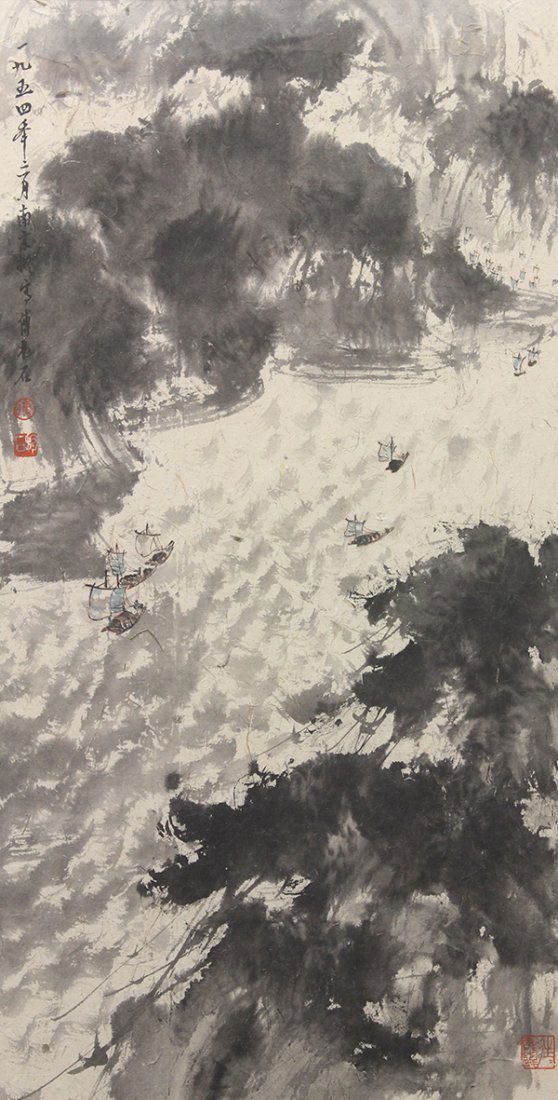 Manner of Fu Baoshi, Boats: Manner of Fu Baoshi (Chinese, 1904-1965), Boats in a River, the upper left inscribed 1954, bearing signature 'Fu Baoshi', with three seals, overall (frame): 43"h x 23"w, painting: 33.5"h x 17"w