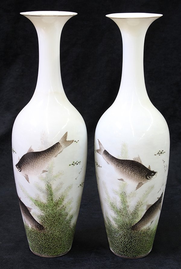 Two Chinese Egg Shell Vases: Pair of Chinese egg shell porcelain vases, decorated with fish amid water reeds, inscribed with a colophon, with cyclical date xinyou, bearing signature Deng Xiaoyu, the base marked, 13"