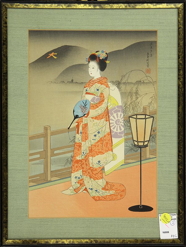 Japanese Woodblock Prints, Sadanobu: (lot of 2) Hasegawa Sadanobu III (Japanese,1881-1963),'Kyoto, Maiko in Summer' and 'Fiji Musume (Wisteria Maiden)', woodblock prints, with signature and seal, sight: 13"h x 9.25"w, overall (frame): 17