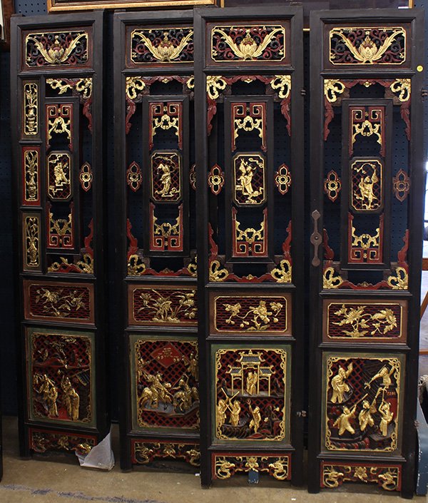 Chinese Pierced Lacquered Wood Screen: Chinese eight panel gilt lacquered openwork screen, carved with eight Daoist Immortals to the center, accented by flowers and above additional narrative scenes, 70"h ×19.5"w. Provenance: From the est