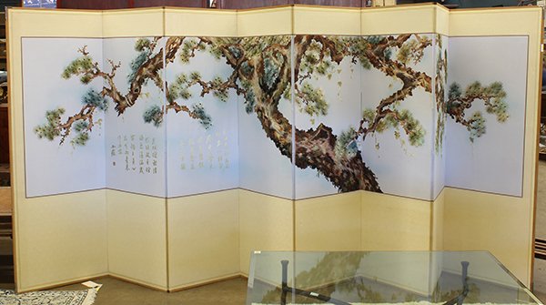 Chinese Embroidered Screen, Pine: Chinese eight panel embroidered screen, featuring a majestic pine tree of a pale blue ground, with a poetic colophon to the left, each panel approx 69.5"h x 24"w. Provenance: From the estate of Edward