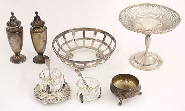 German .800 silver, Finnish .813, American sterling: (lot of 10) Silver table accessories consisting of a pair of Tiffany & Company sterling silver shakers and footed open salt, 1907-1938; German .800 silver weighted compote having a reticulated bowl, a