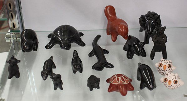 Native American, Santa Clara and San Ildefonso animal: (lot of 16) Native American, Santa Clara and San Ildefonso animal figurines, including two Delores Lewis Acoma owls, and several blackware examples, tallest: 3"h