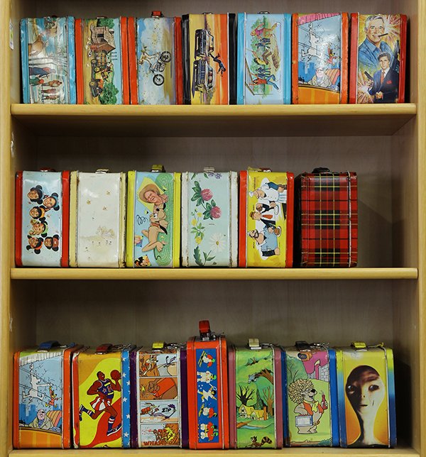 Vintage metal lunch boxes: (lot of approximately 41) Vintage metal lunch boxes including Transformers; Campus Queen; Star Wars, The Empire Strikes Back; Doctor Dolittle; The Flintstones, etc., some with thermoses (paint and oxi