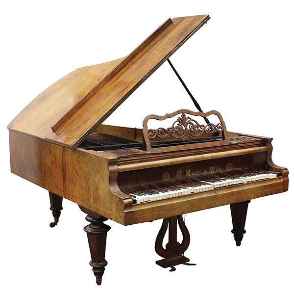 Viennese grand piano: Viennese grand piano, executed by C. Maner, Wein, fourth quarter, 19th century, having an inlaid rosewood case and rising on tapered legs, 55"w x 72"l