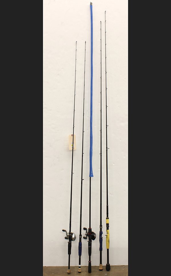(lot of 5) Fishing poles: (lot of 5) Fishing poles, consisting of (4) bait casters, two with reels and (1) spinner, by Powell, Dobyns, and Mike Iaconelli, with Shimano and Abu Garcia reels, tallest 90"l