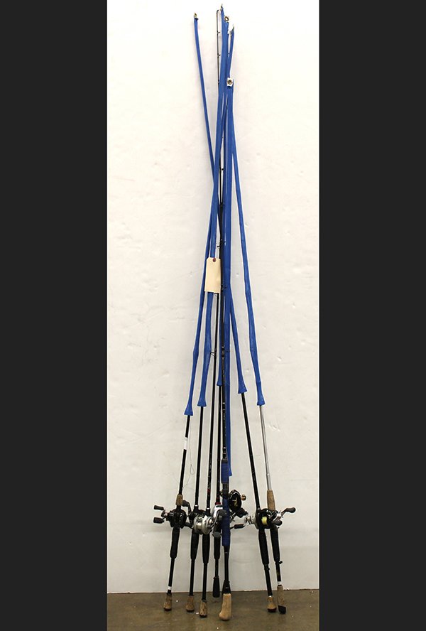 (lot of 8) Fishing rods: (lot of 8) Fishing rods, bait casters all with reels by Abu Garcia, Shimano, and Ardent, rods by Powell, Daiwa, Okuma, Pheonix, and Arrus, tallest 90"l