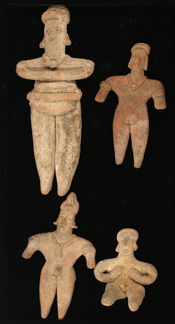 Pre-Columbian solid cermaic figurines from Colina Flats: (lot of 4) Pre-Columbian solid cermaic figurines from Colina Flats, West Coast Mexico shaft tomb burials, 200 BC- AD 250, consisting of three females and a male, largest: 8.5"