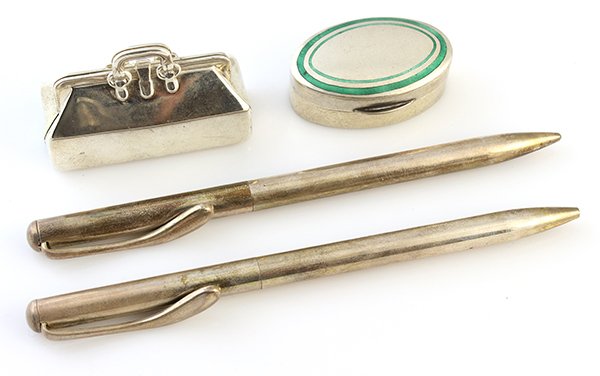Collection of miscellaneous sterling silver items: Collection of miscellaneous sterling silver items comprised of two pens marked copyright Tiffany & Co. Peretti 925; one doctor's bag pill box stamped T&Co.925 on the strap, the bottom is stamped Tiffa