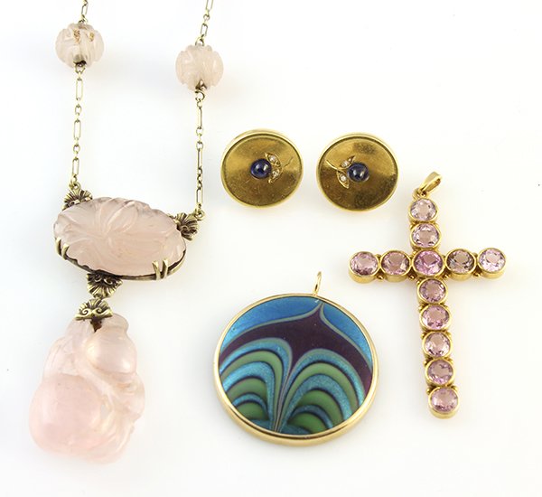 (Lot of 4) Miscellaneous jewelry items: (Lot of 4) Miscellaneous jewelry items comprised of a pink tourmaline and 14k yellow gold cross pendant; one art glass and 10k yellow gold pendant, stamped Orient & Flume 48 - 1981; one pair of blue s