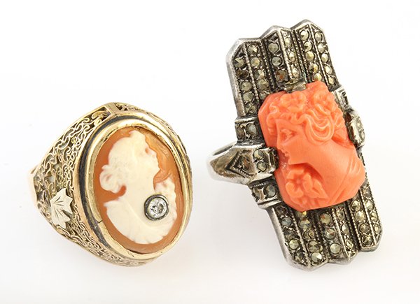 Collection of two Cameo rings: Collection of two Cameo rings including one shell cameo, diamond and 14k yellow gold ring, together with a coral cameo, marcasite and sterling silver ring, gross weight of both rings is 3.7 grams