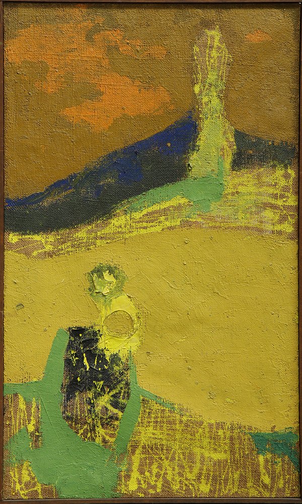 Painting, American School (20th century): American School (20th century), Figure Near Mount Tam, oil on burlap, unsigned, inscribed ''Iris'' verso, overall (with frame): 34.75''h x 20.75''w. Provenance: Collection of Jose Ramon Lerma (America