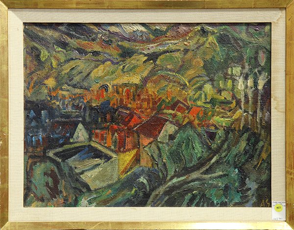 Painting by Arnold Theodore Schifrin: Arnold Theodore Schifrin (American, 1926-1994), ''Silver Lake, Los Angeles, California,'' 1957, oil on canvas, initialed lower right, signed and dated verso, overall (with frame): 21.5''h x 27.5''w