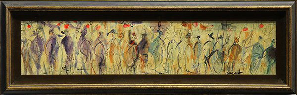 Mixed media painting by Pascal Cucaro: Pascal Cucaro (American, 1915-2004), Circus, mixed media, signed lower right, overall (with frame): 13.5''h x 41.25''w