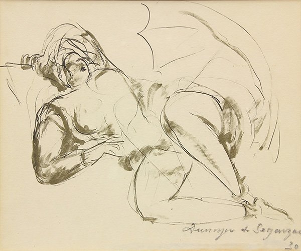 Work on paper by André Dunoyer de Segonzac: André Dunoyer de Segonzac (French, 1884-1974), La femme couchée, 1930, inkwash drawing, signed and dated lower right, sight: 7.5''h x 10''w, overall (with frame): 17.75''h x 19.75''w