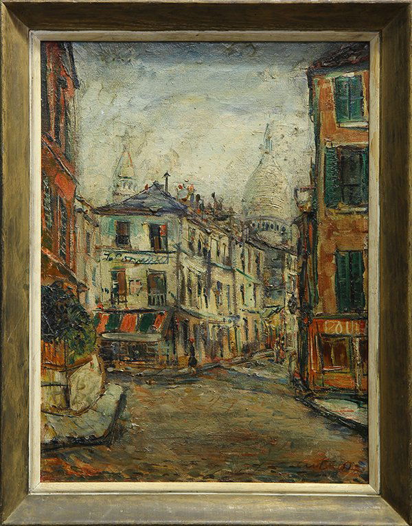 Painting, Pascal Cucaro: Pascal Cucaro (American, 1915-2004), Parisian Street Scene, oil on canvas, signed lower right, overall (with frame): 28"h x 22"w