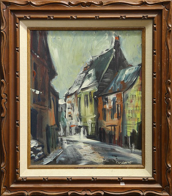 Painting, Pascal Cucaro, Street Scene: Pascal Cucaro (American, 1915-2004), "Street Scene," 1952, oil on canvas, signed lower right, overall (with frame): 34.5''h x 29.5''w