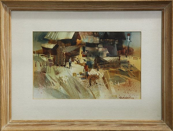 Watercolor, Robert Earle Wood: Robert Earle Wood (American, 1926-1980), California Barns, watercolor, signed lower right, overall (with frame): 24.75"h x 32.25"w