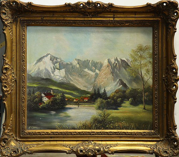 Painting, German School (20th century): German School (20th century), Village Nestled in the Mountains, oil on canvas, signed ''A. Werner'' lower right, overall (with frame): 27.5''h x 31.5''w