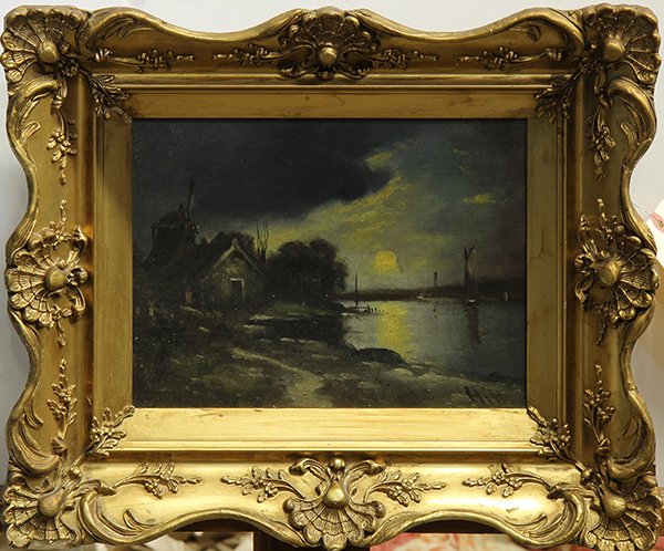 Painting, Continental School (late 19th/early 20th: Continental School (late 19th/early 20th century), Dutch Home at Dusk, oil on canvas, signed "Hill" lower right, canvas: 9"h x 12"w, overall: 15.5"h x 18.5"w