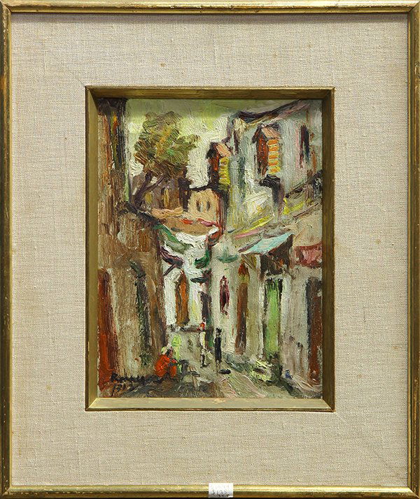 (lot of 2) Pascal Cucaro (American, 1915-2004), Figures: (lot of 2) Pascal Cucaro (American, 1915-2004), Figures on Fishing Boat, oil on board, signed lower right, and Street Scene with Figures, oil on canvas, signed indistinctly "Renny(?)" lower left, larg