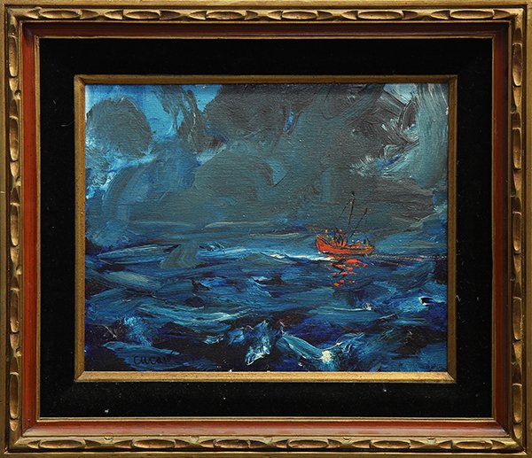 Painting, Pascal Cucaro: Pascal Cucaro (American, 1915-2004), Lantern Lit Boat in Heavy Seas, oil on canvas, signed lower left, overall (with frame): 25"h x 29"w